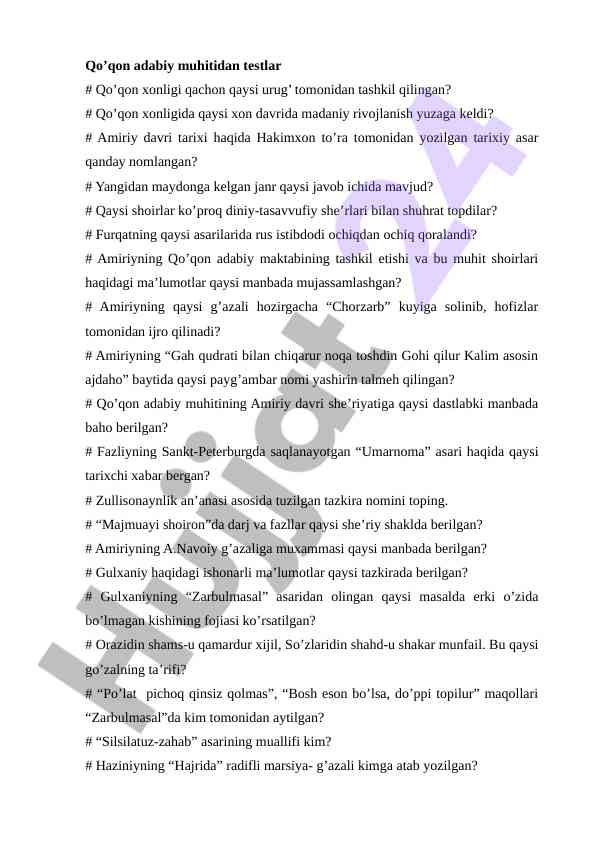Qo’qon adabiy muhitidan testlar bo’yicha savollar