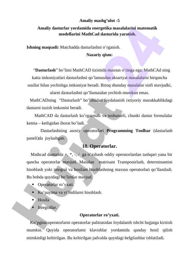 Energetika masalalari uchun mathcad dasturlash asoslari