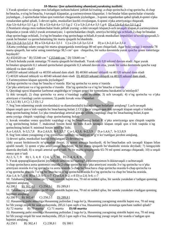 Qon aylanishining ahamiyati va yurak tuzilishi