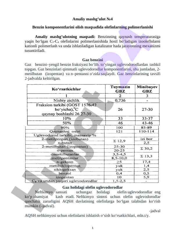 Benzin komponentlarini olish va olefin polimerlanishi