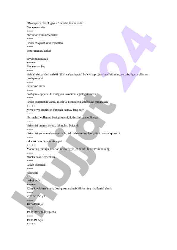 Boshqaruv psixologiyasi fanidan test savollari