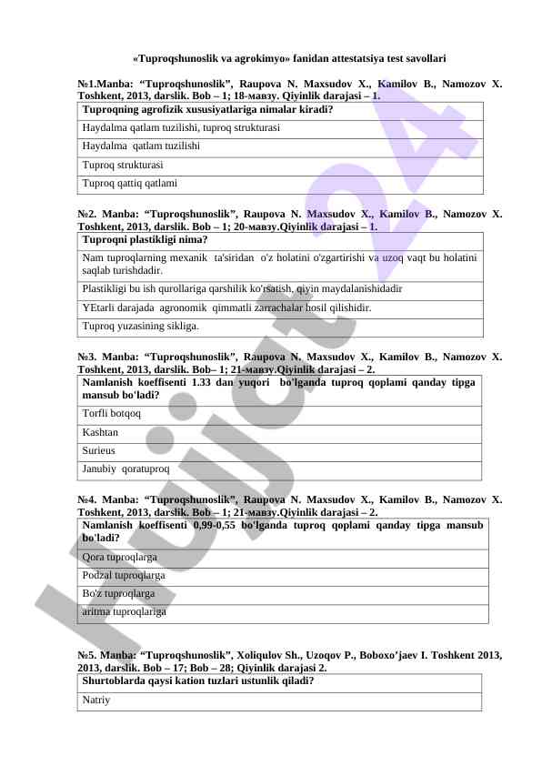 Tuproqshunoslik va agrokimyo attestatsiya test savollari