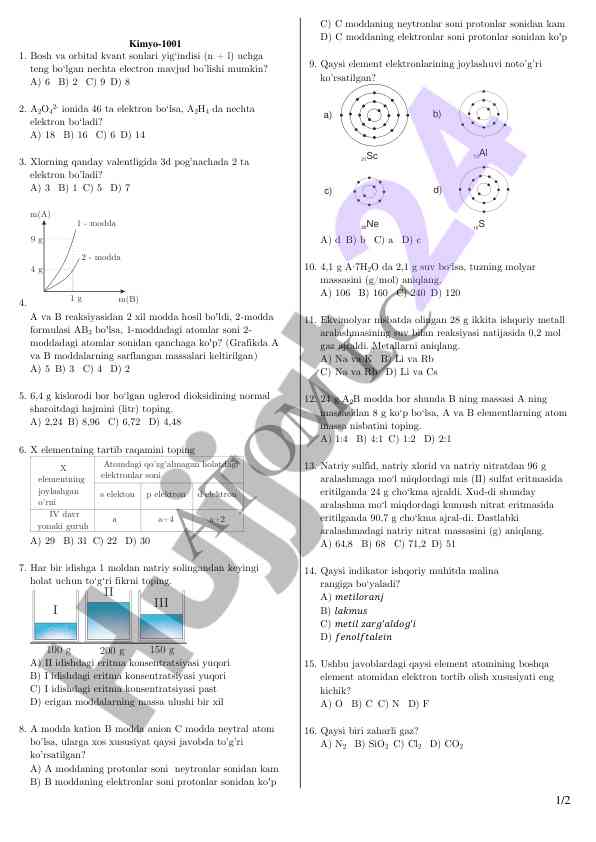 Kimyo test savollari va elektronlar