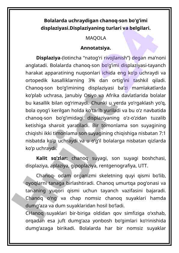 Bolalarda chanoq-son bo’g’imi displaziyasi turlari