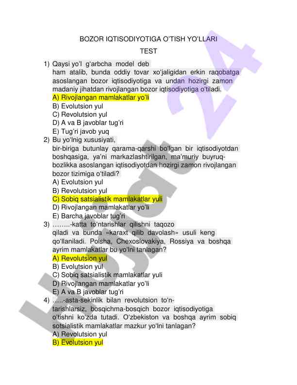 Bozor iqtisodiyotiga o'tish yo'llari test