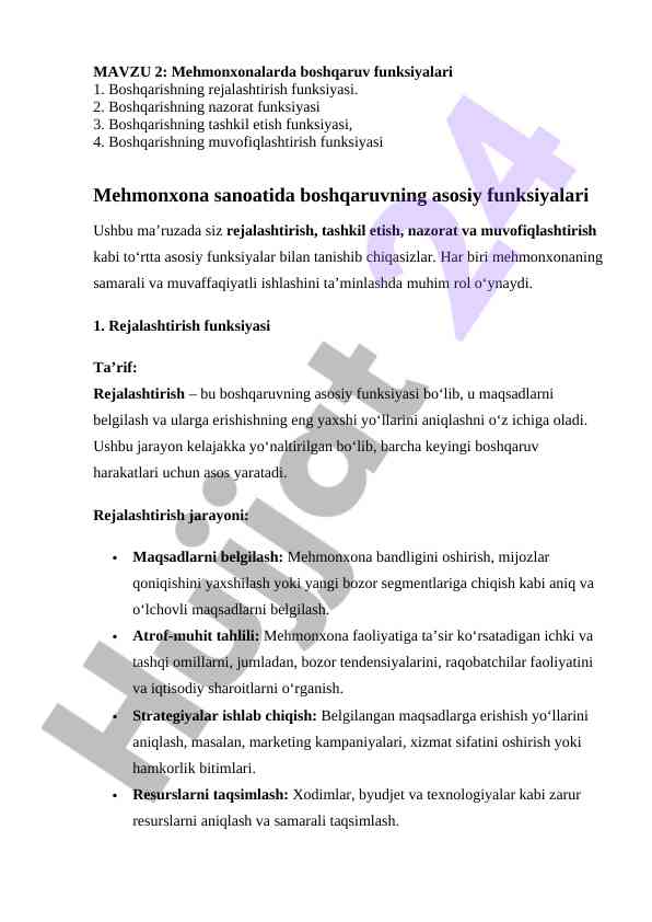 Mehmonxonalarda boshqaruv funksiyalari tahlili