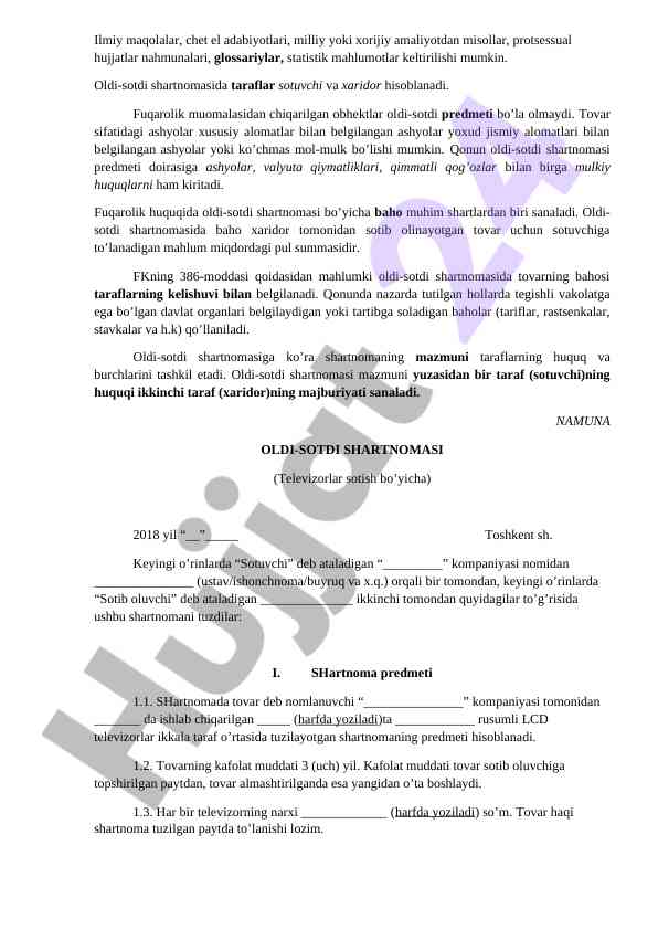Oldi-sotdi shartnomasining huquqiy asoslari