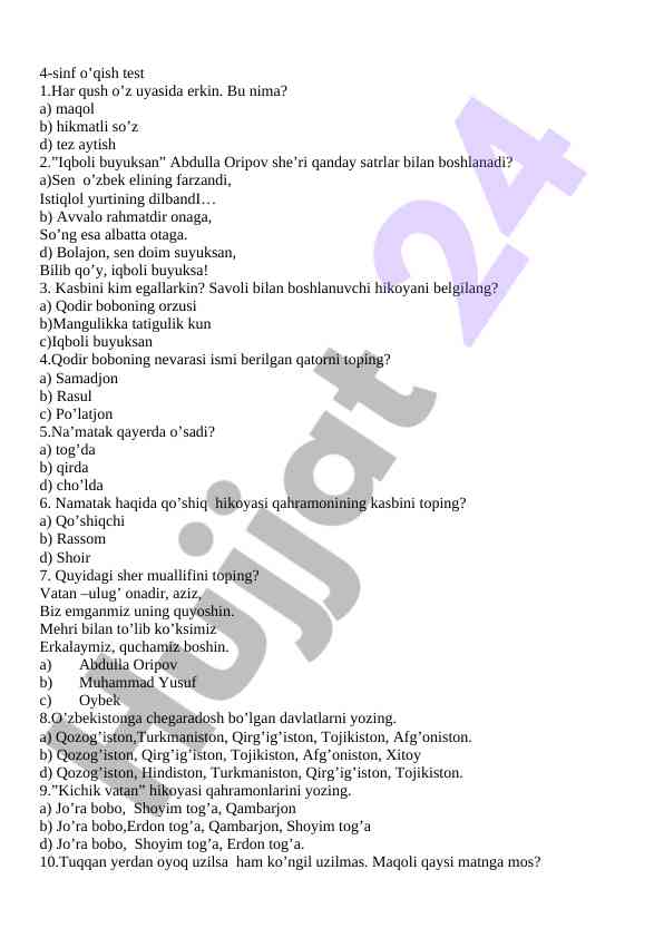 4-sinf o'qish testi savollari