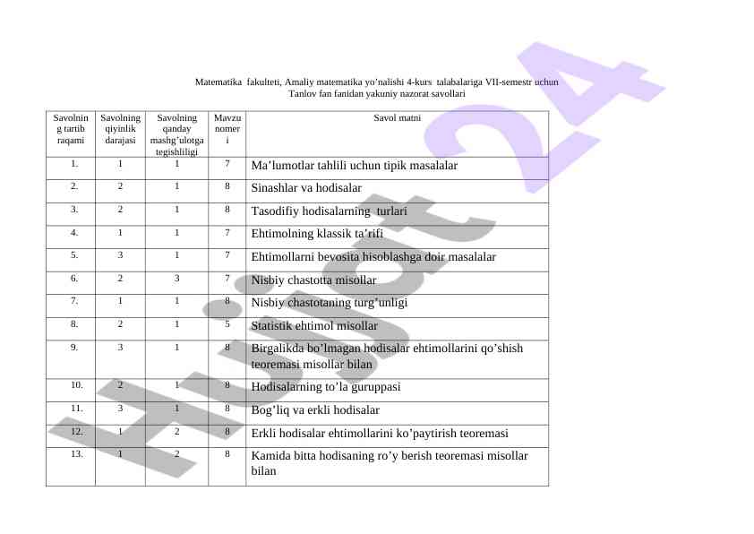Matematika fanidan yakuniy nazorat savollari
