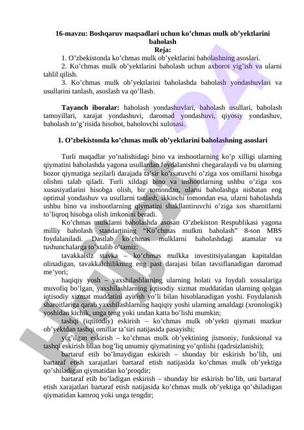 Ko’chmas mulk ob’yektlarini baholash asoslari