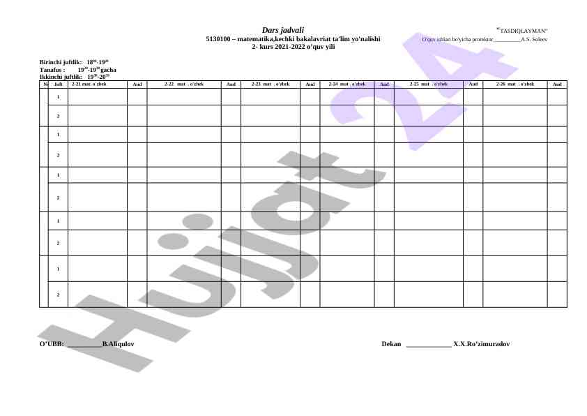 Matematika ta'lim yo'nalishi dars jadvali 2021-2022