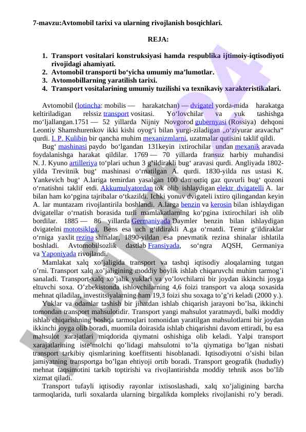 Avtomobil tarixi va rivojlanish bosqichlari