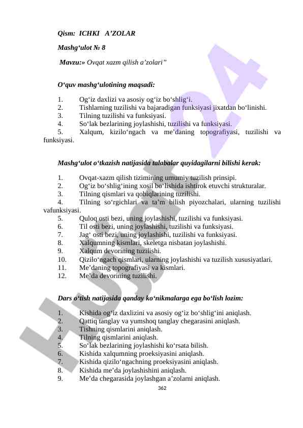 Ovqat hazm qilish a’zolari o‘quv mashg‘uloti