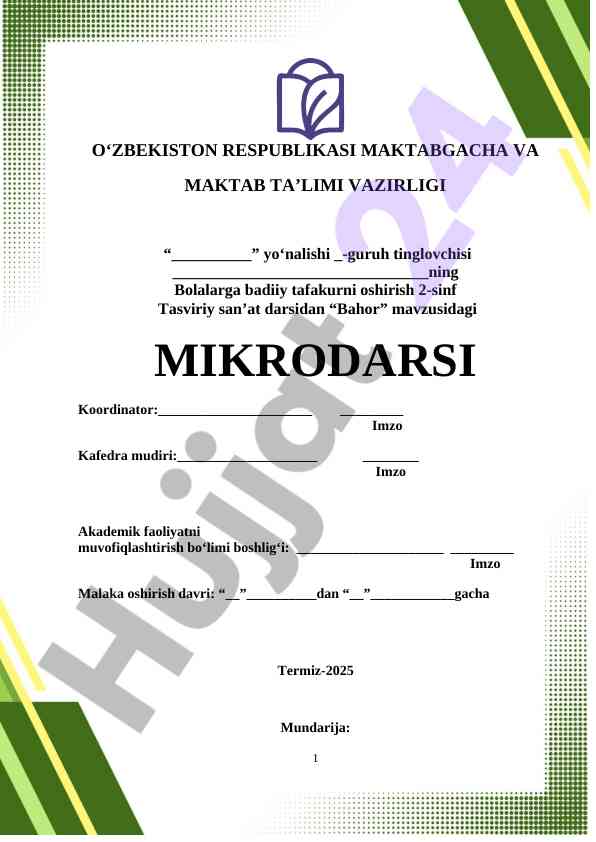 Bahor mavzusida tasviriy san'at darsidan mikrodar
