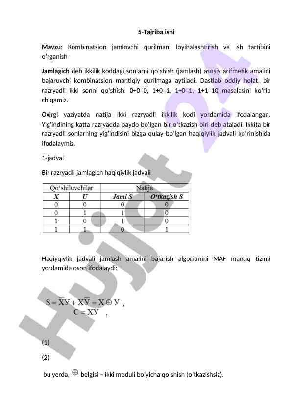 Kombinatsion jamlovchi qurilmani loyihalashtirish