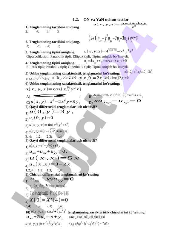 Matematik tenglamalar uchun testlar