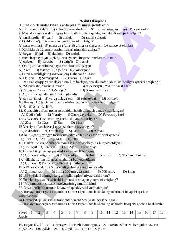 9-sinf olimpiadasi savollariga javoblar