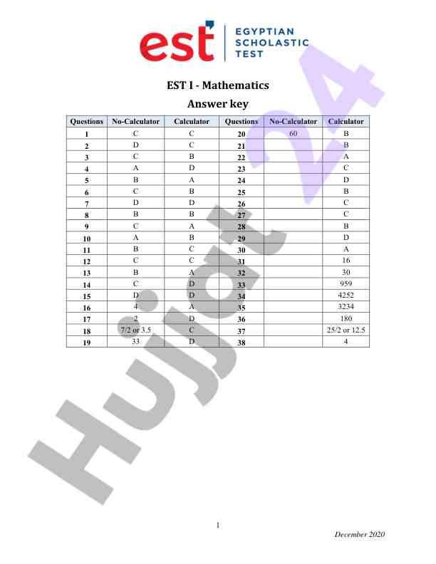 Mathematics answer key for december 2020 test