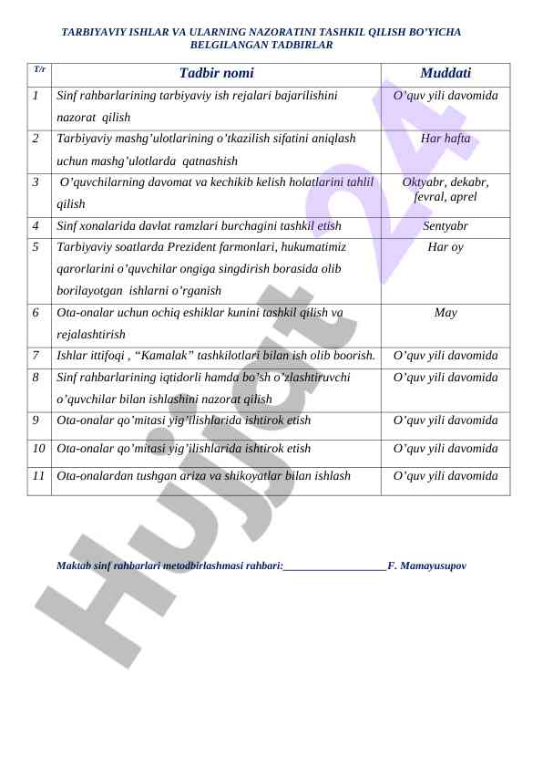 Tarbiyaviy ishlar va nazorat tashkil qilish