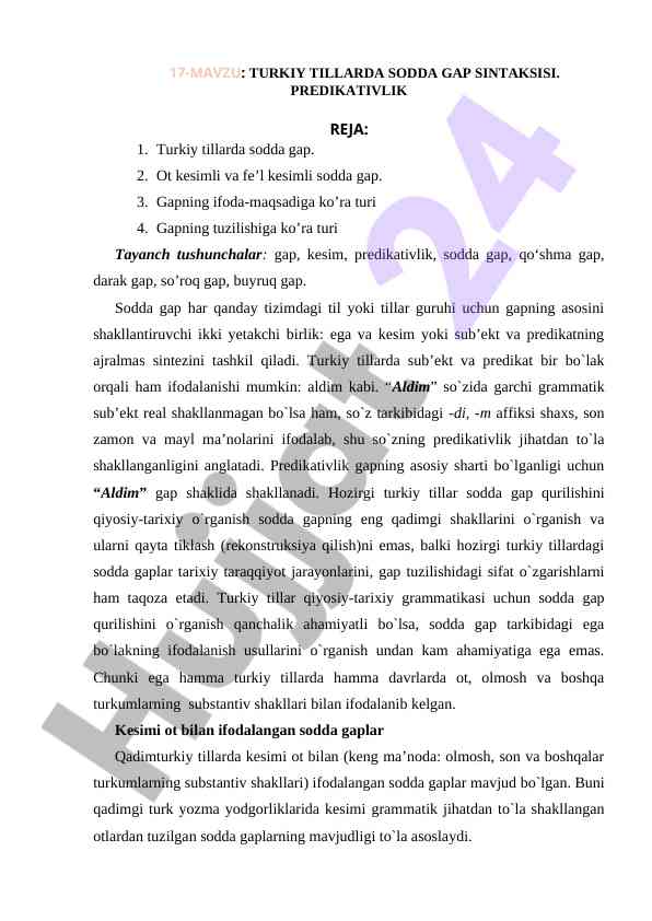 Turkiy tillar soddaga gap sintaksisi haqida