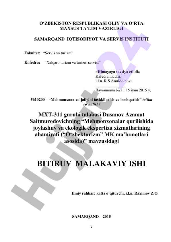 Mehmonxona xo‘jaligida ekologik ekspertiza ahamiyati