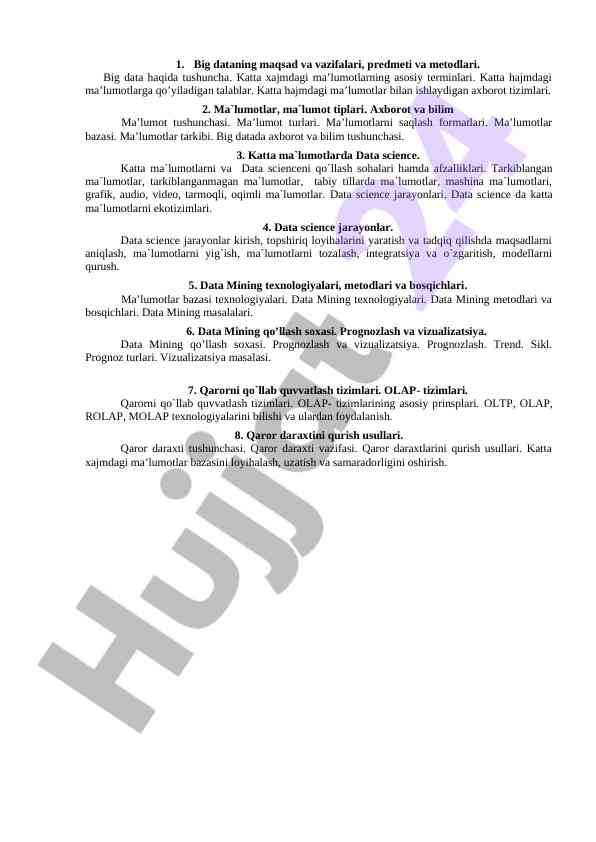 Big data tushunchasi va ma'lumotlar hisoblash metodlari