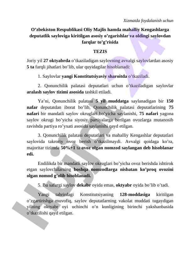 O'zbekiston saylov tizimidagi asosiy o'zgarishlar