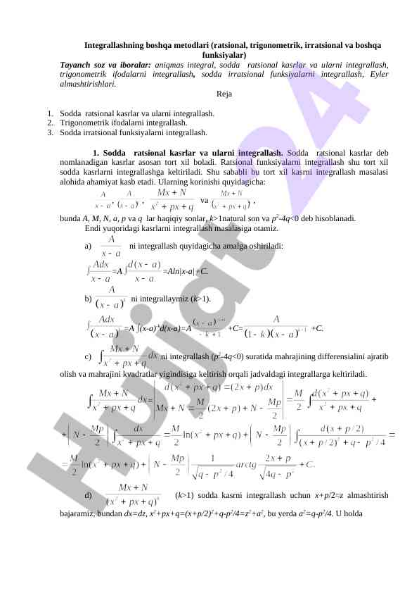 Integrallashning Boshqa Metodlari