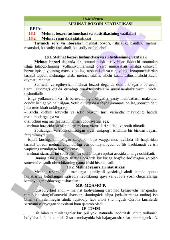Mehnat bozori statistikasi tushunchasi va vazifalari