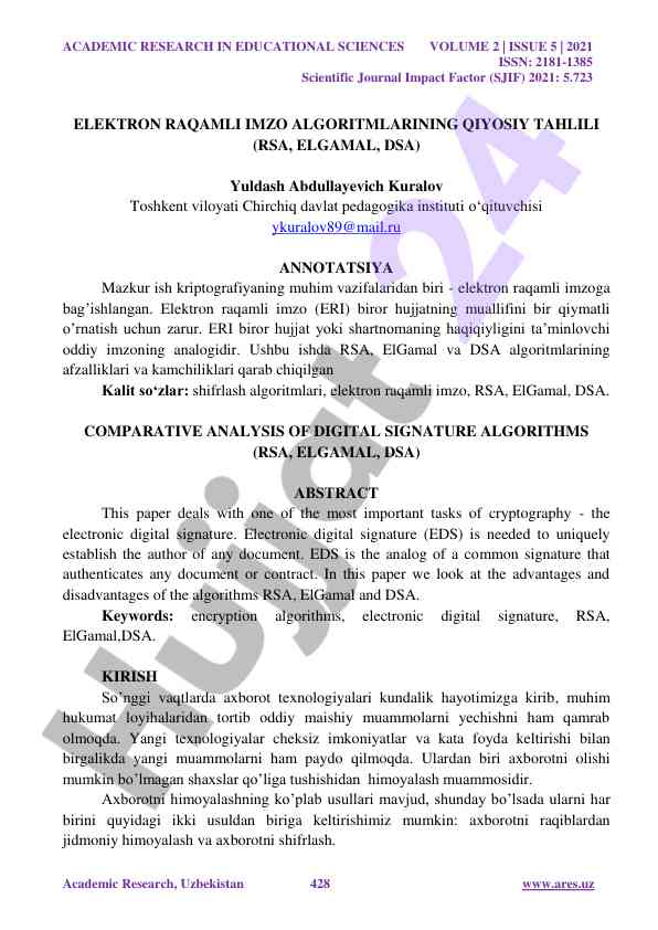 Elektron raqamli imzo algoritmlarining tahlili