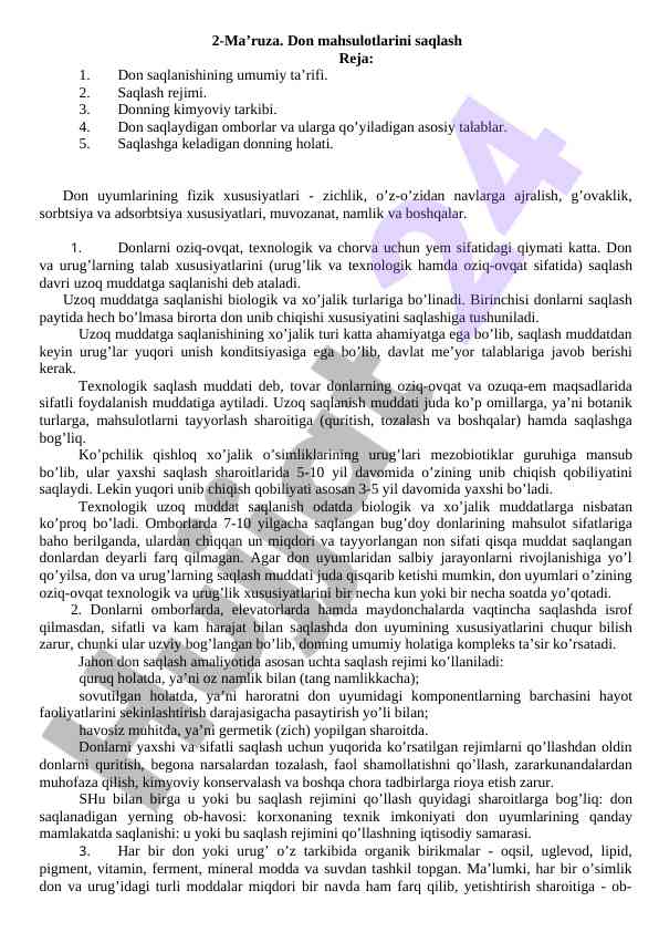 Don mahsulotlarini saqlash rejasi