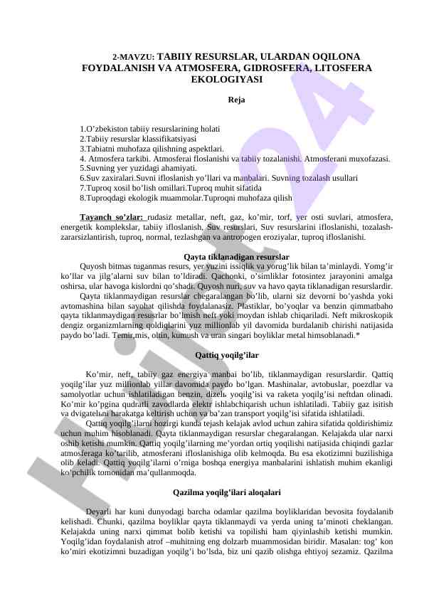 Tabiiy resurslar va ekologiya asoslari