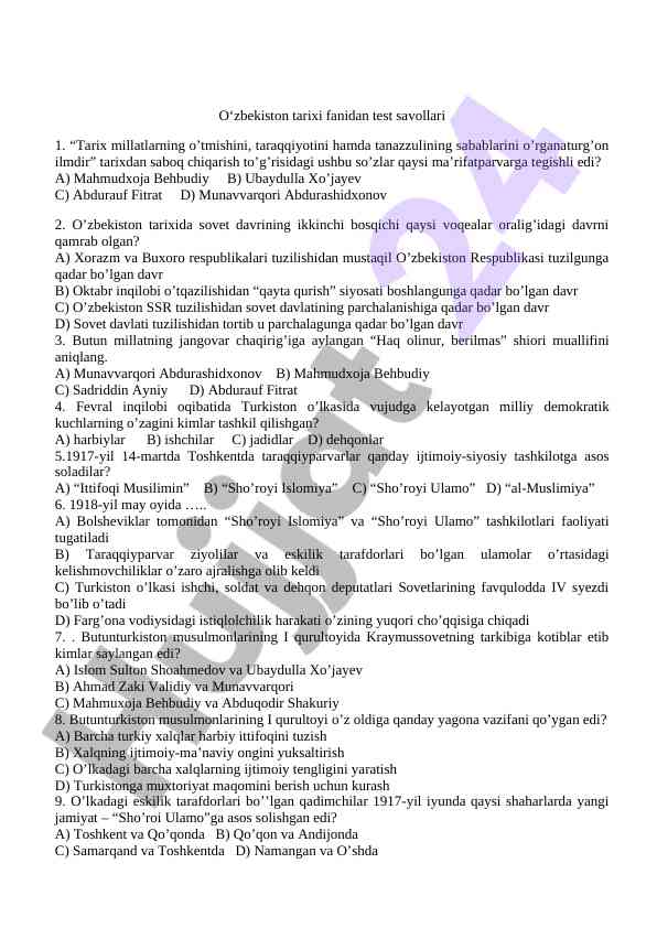 O‘zbekiston tarixi fanidan test savollari