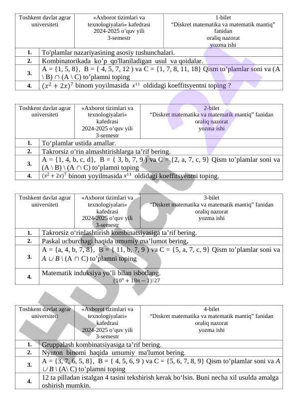 Diskret matematika va matematik mantiq yozma ishlari