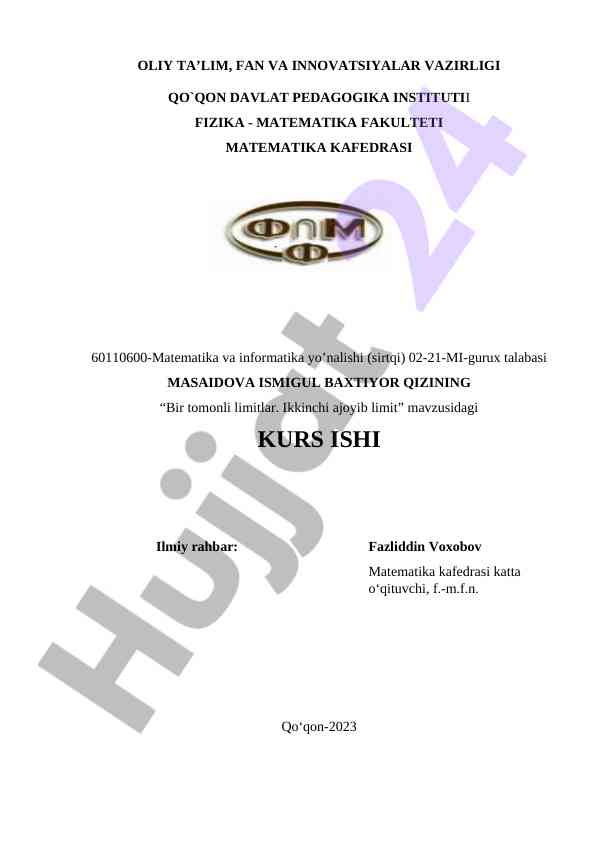 Bir tomonli limitlar ikkinchi ajoyib limit kurs ishim