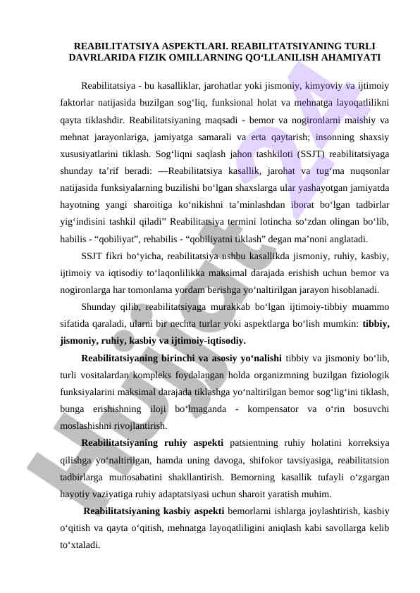 Reabilitatsiya va fizik omillarning ahamiyati