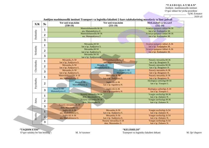 Transport va logistika fakulteti ta’lim jadvali