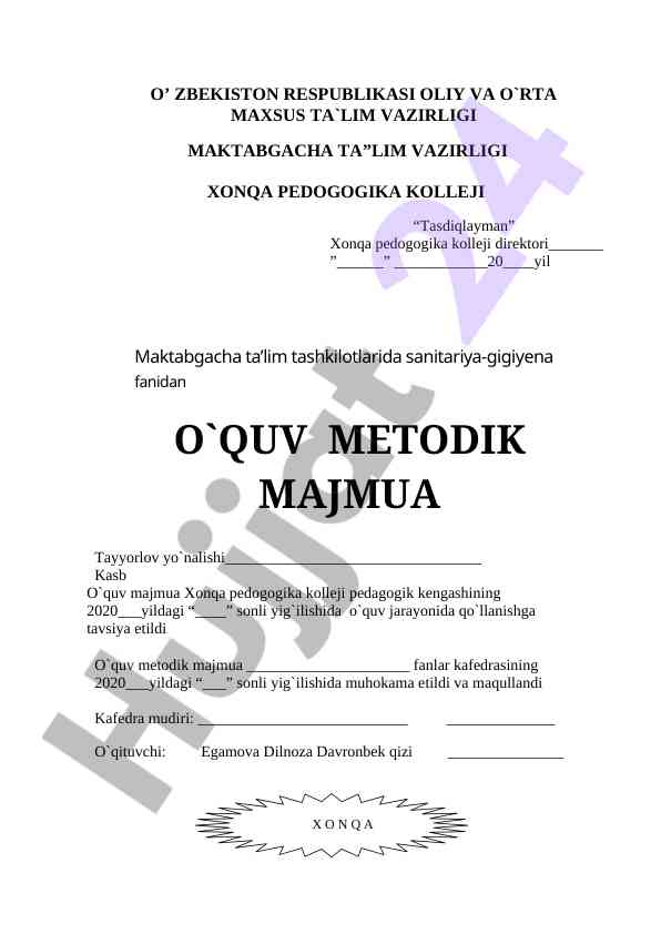 Sanitariya-gigiyena fanidan o‘quv uslubiy majmua