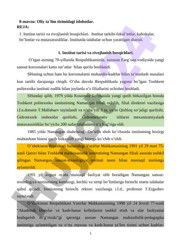 Oliy ta'lim tizimidagi islohotlar ta'limi