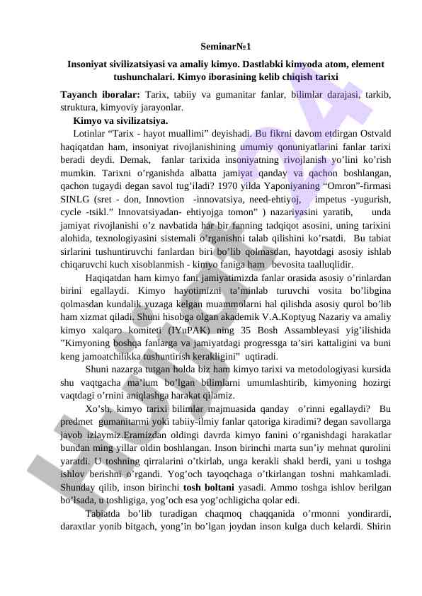 Insoniyat sivilizatsiyasi va amaliy kimyo asoslari