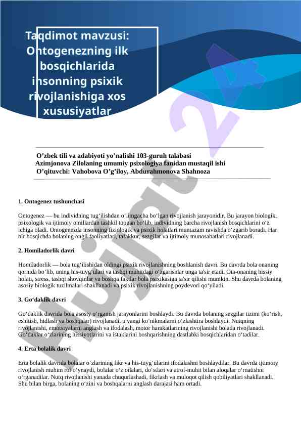 Ontogenez va rivojlanish bosqichlari haqida ma'lumot