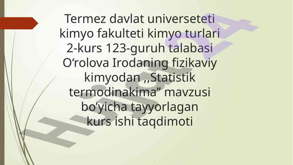 Statistik termodinamiya kurs ishining taqdimoti