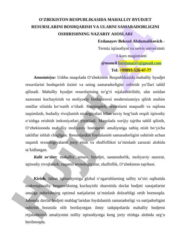 Mahalliy byudjet resurslarini boshqarish