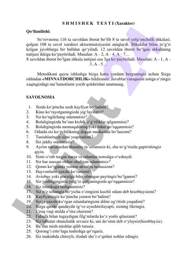 Shmi shek testi xarakter tahlili qo‘llanilishi