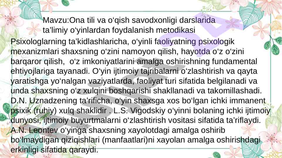 Ona tili va o‘qish savodxonligi darslari metodikasi