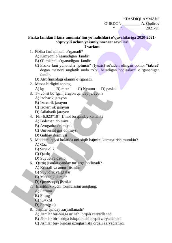 Fizika fanidan yakuniy nazorat savollari i variant