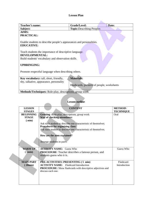 Odamlarni Tavsiflash Dars Rejasi
