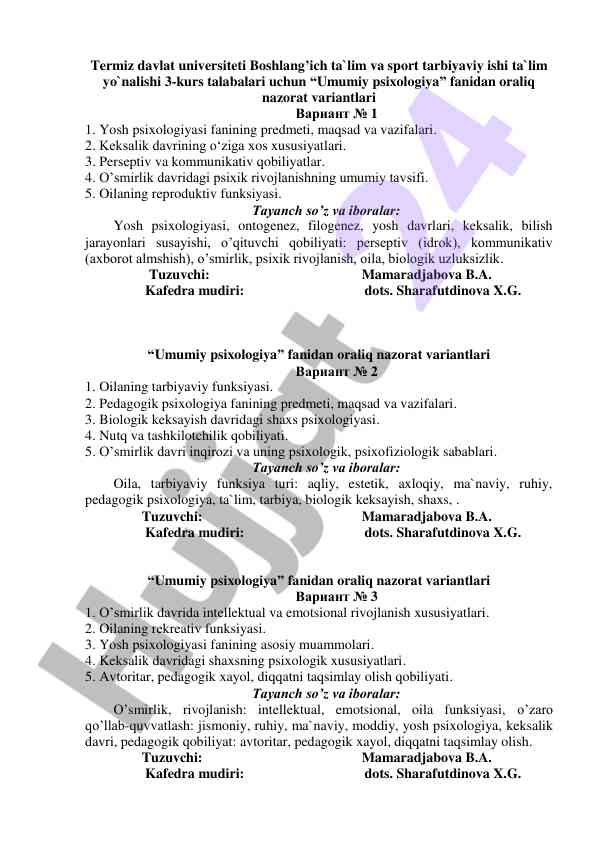 Umumiy psixologiya fanidan oraliq nazorat varianti
