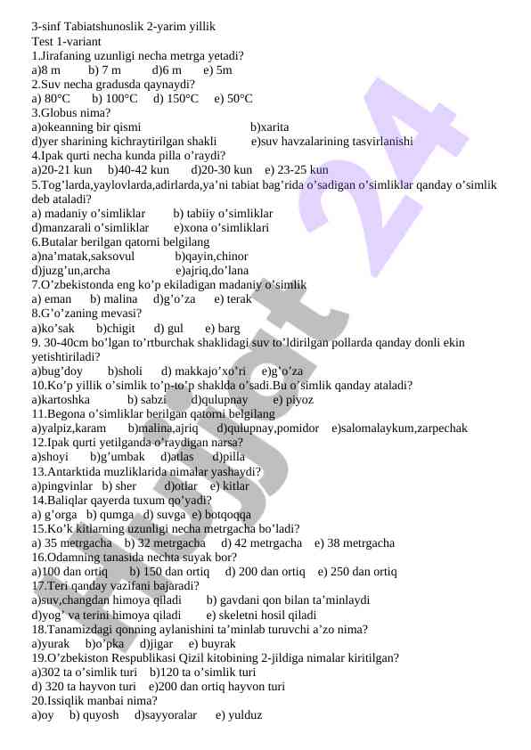 3-sinf tabiatshunoslik test 1-variant