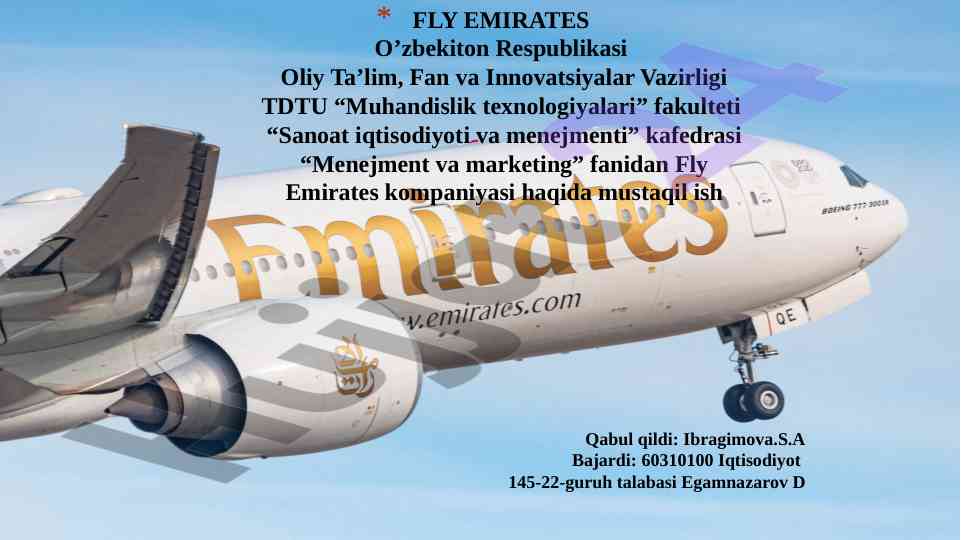 Fly emirates aviakompaniyasi haqida mustaqil ish